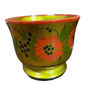 Painted Red Black Gold Lacquered Wood Bowl Made In The USSR vintage